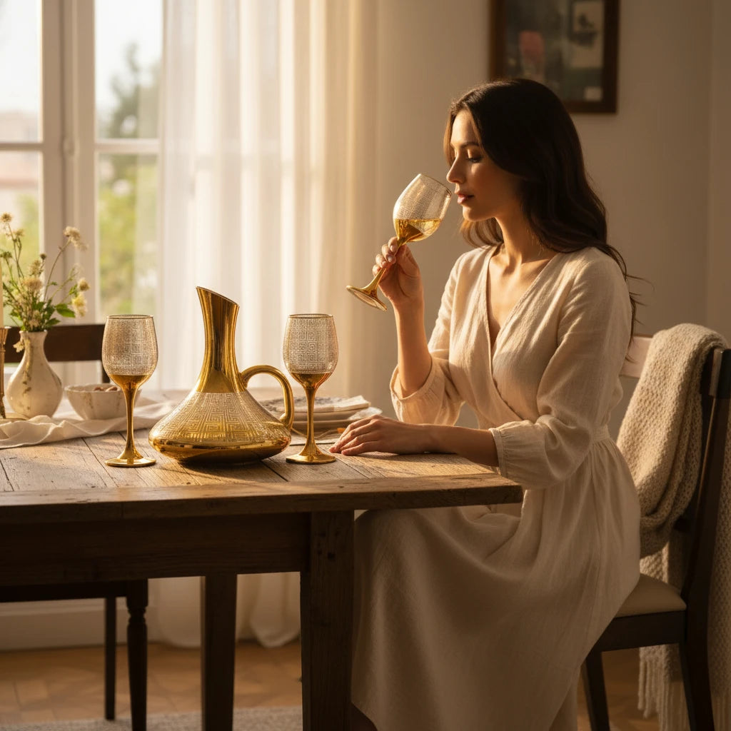 Conjunto de Jarra de Vidro 1,5L com Detalhes Dourados e Taça Decorativa