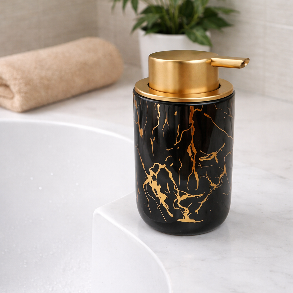 Dispenser de Sabonete Cerâmico Preto/Branco Marmorizado com Tampa Dourada