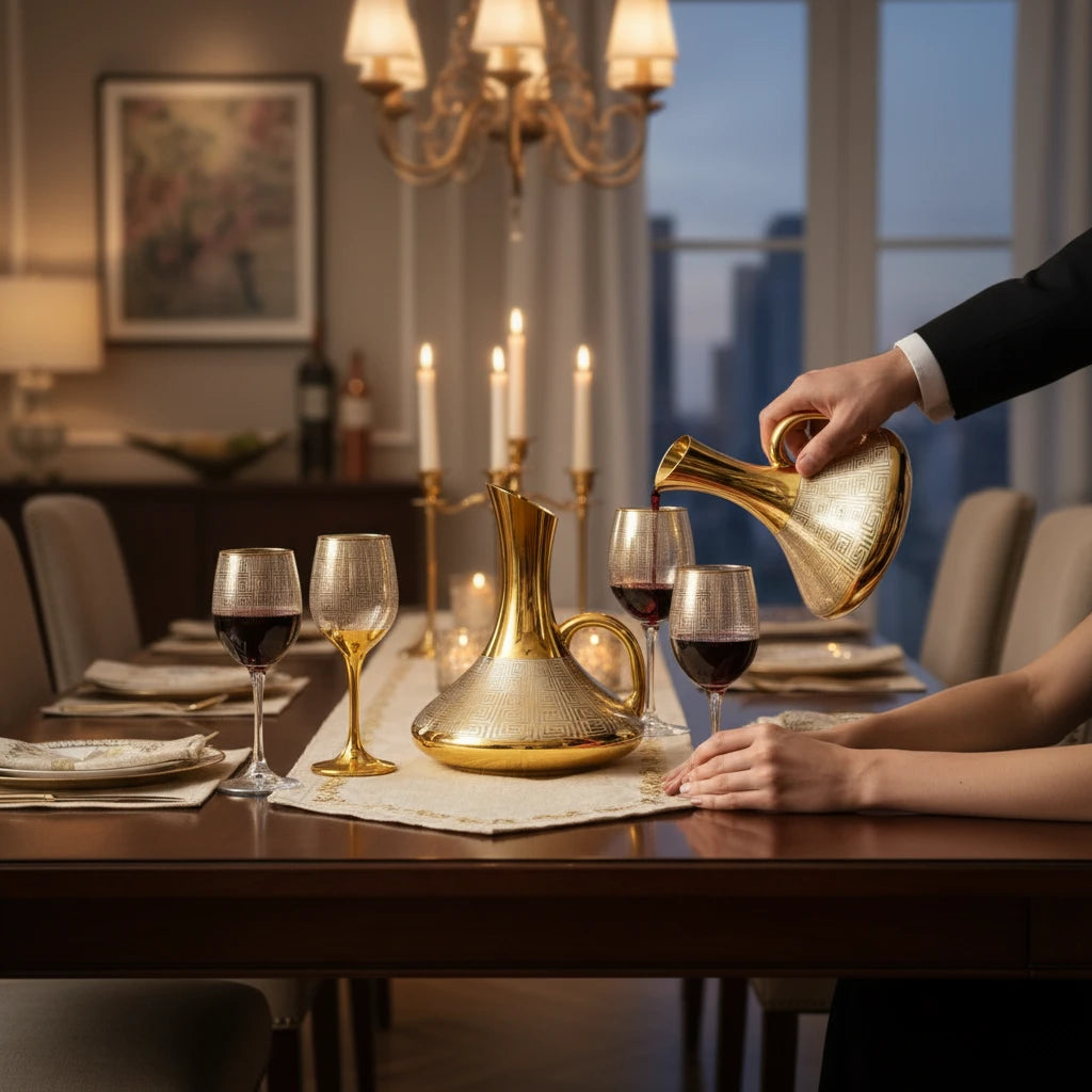 Conjunto de Jarra de Vidro 1,5L com Detalhes Dourados e Taça Decorativa