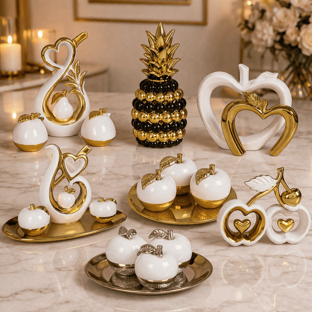 Conjunto de Esculturas Decorativas Frutas em Cerâmica com Detalhes em Dourado ou Prata para Casa
