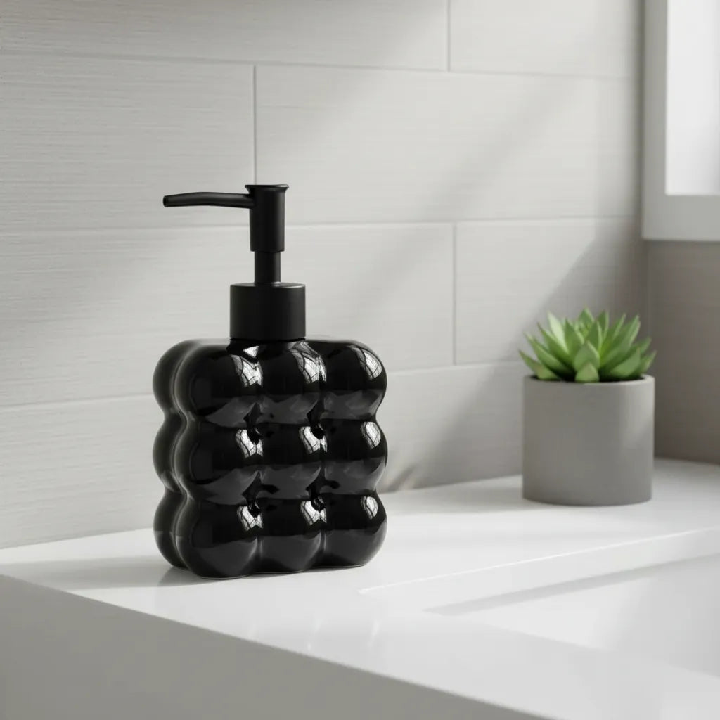 Dispenser de Vidro Preto Bolha com Bico Preto Fosco