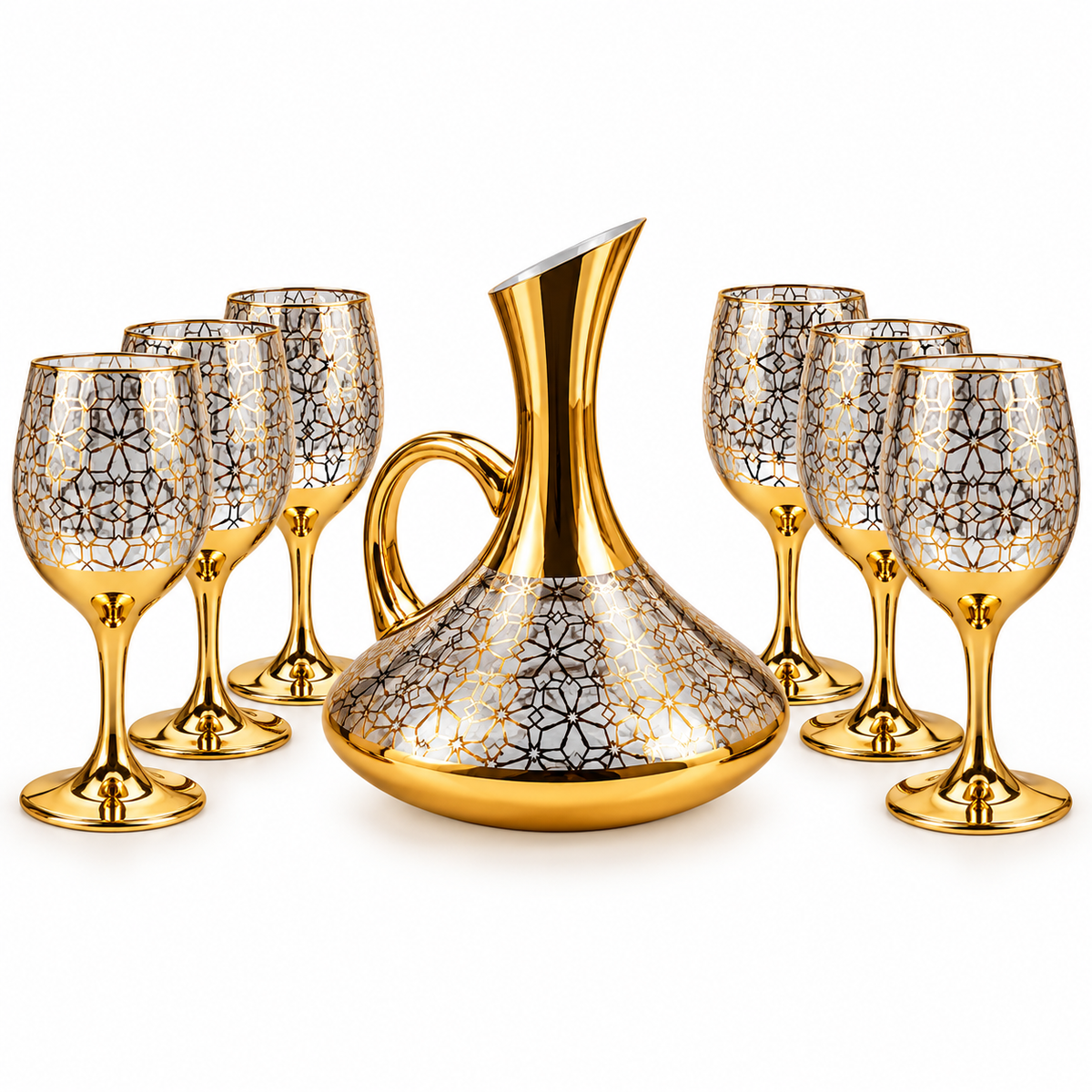 Conjunto Jarra Decanter de Vidro 1,5L Dourado com 6 Taças Decoradas Luxo Diversos Modelos