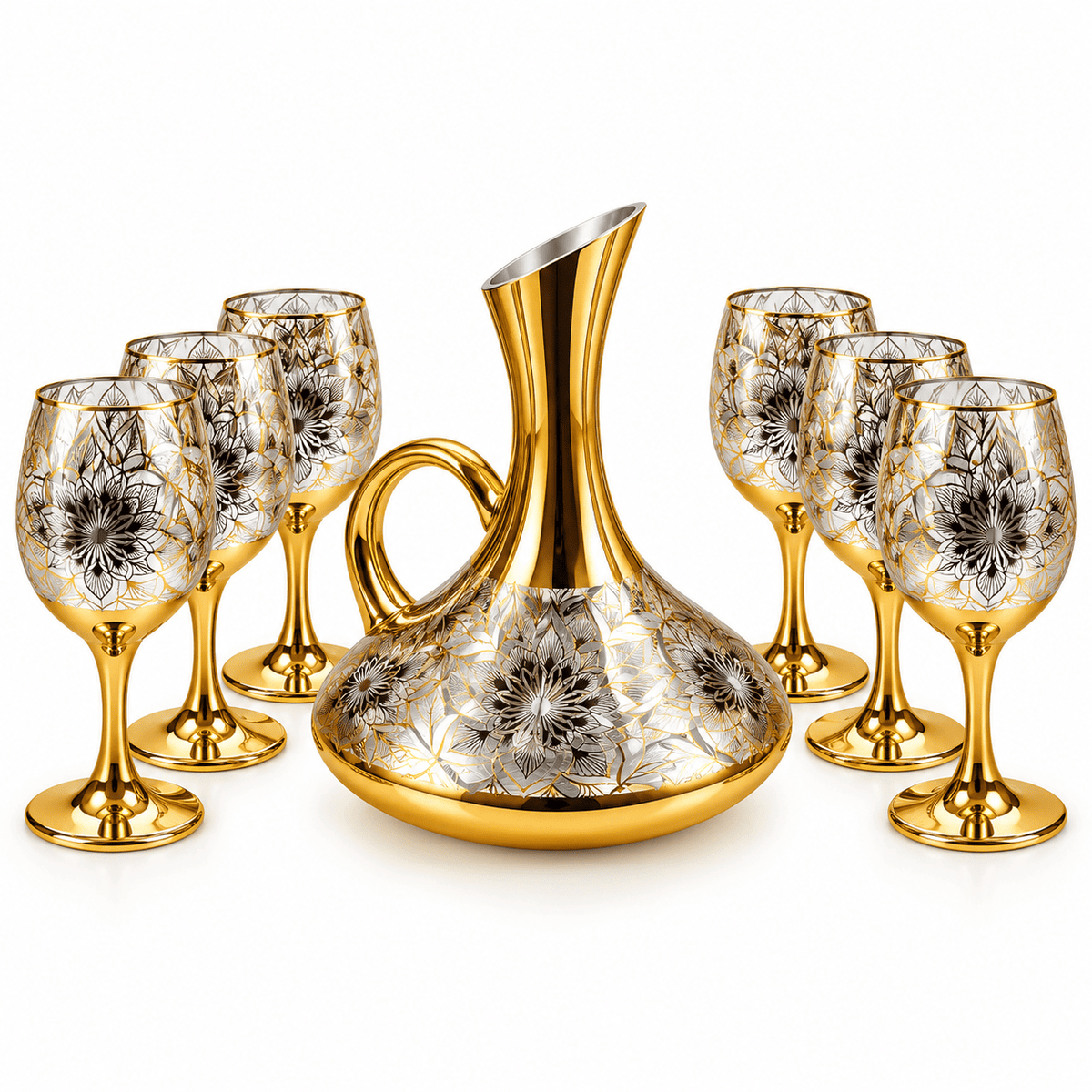 Conjunto Jarra Decanter de Vidro 1,5L Dourado com 6 Taças Decoradas Luxo Diversos Modelos