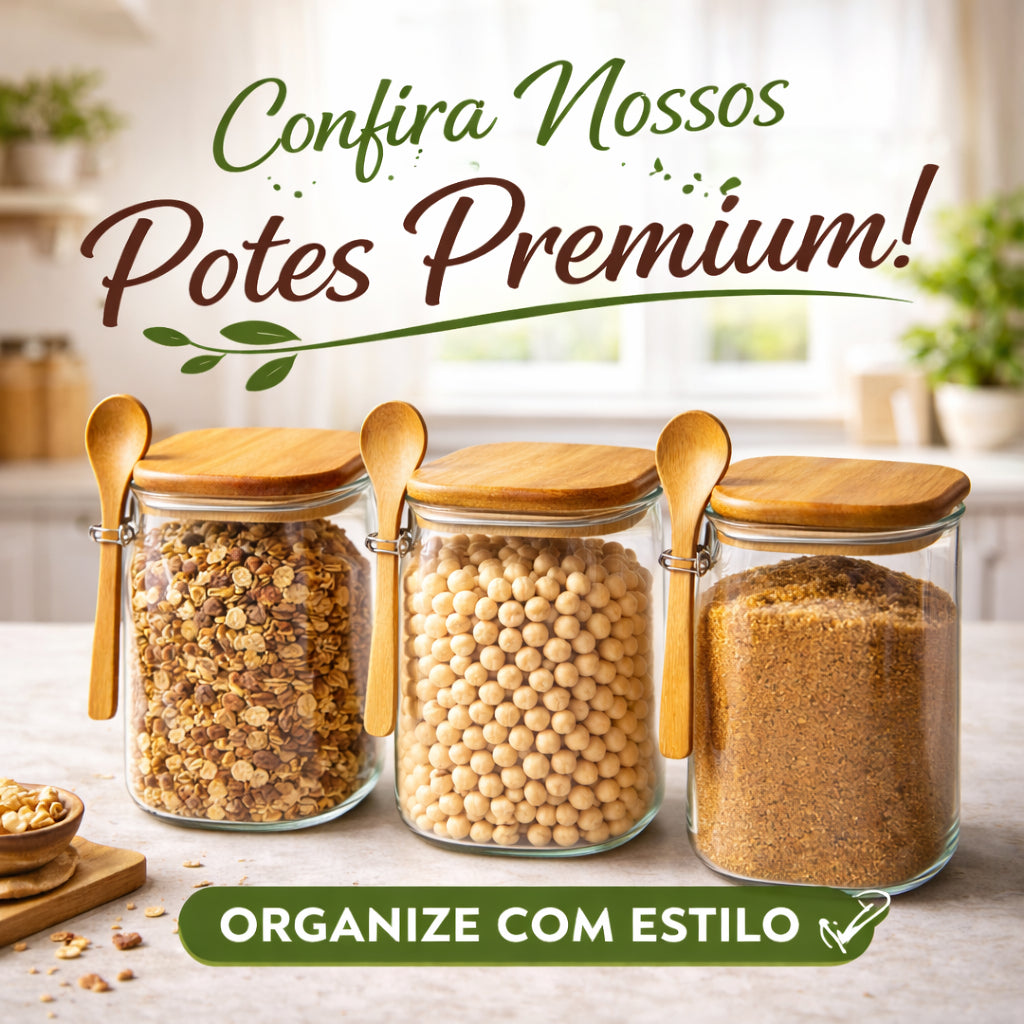 Potes Herméticos de Vidro Kit 3 unidades 1000ml com Tampa de Bambu e Colher Porta Mantimentos