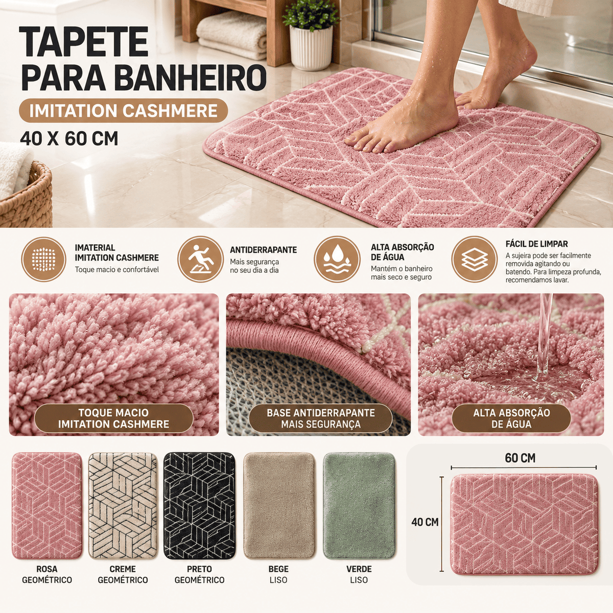 Tapete de Banheiro 40x60cm Antiderrapante Absorvente Macio Super Confortável Decorativo