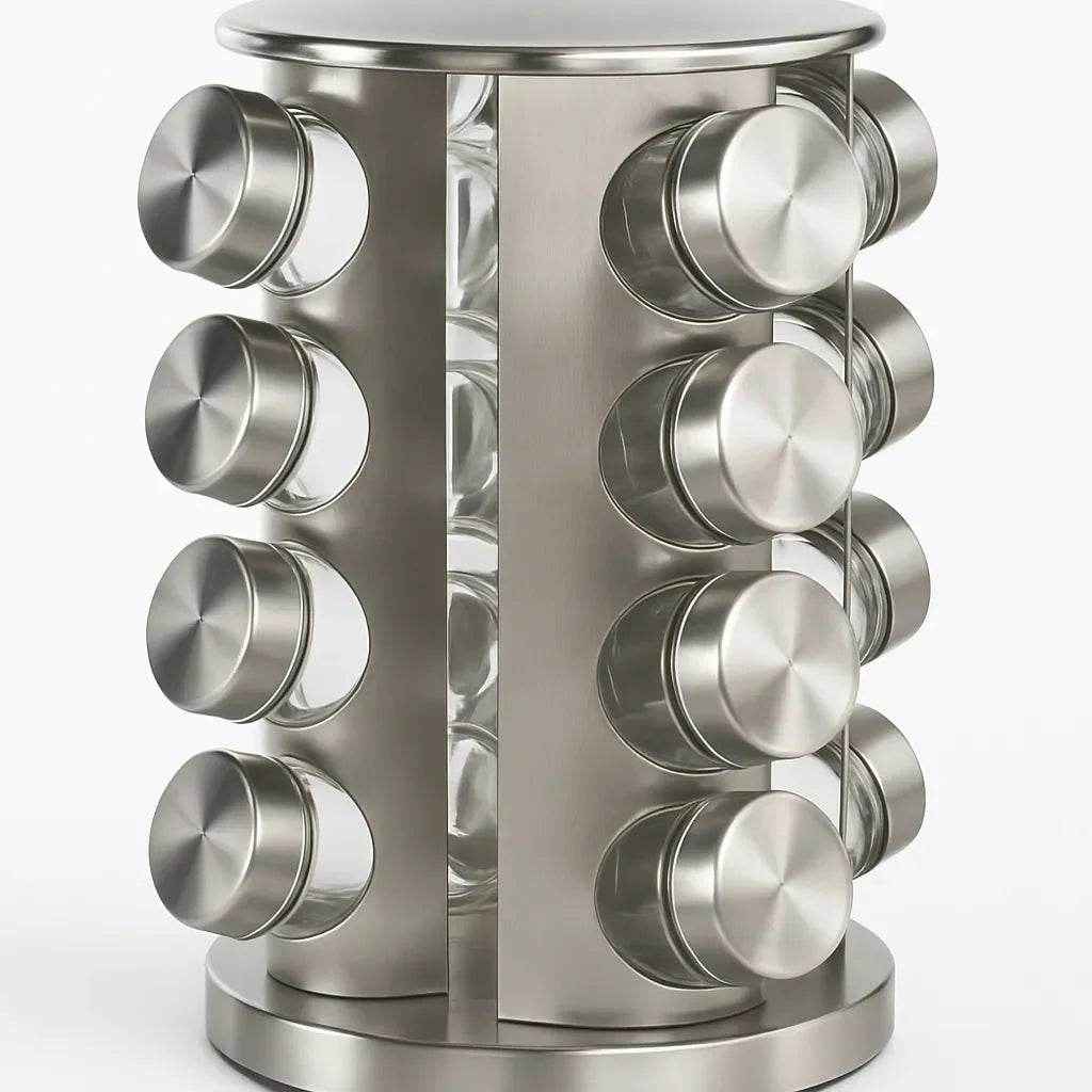 Porta Temperos com Base Giratória em Inox – 16 Peças
