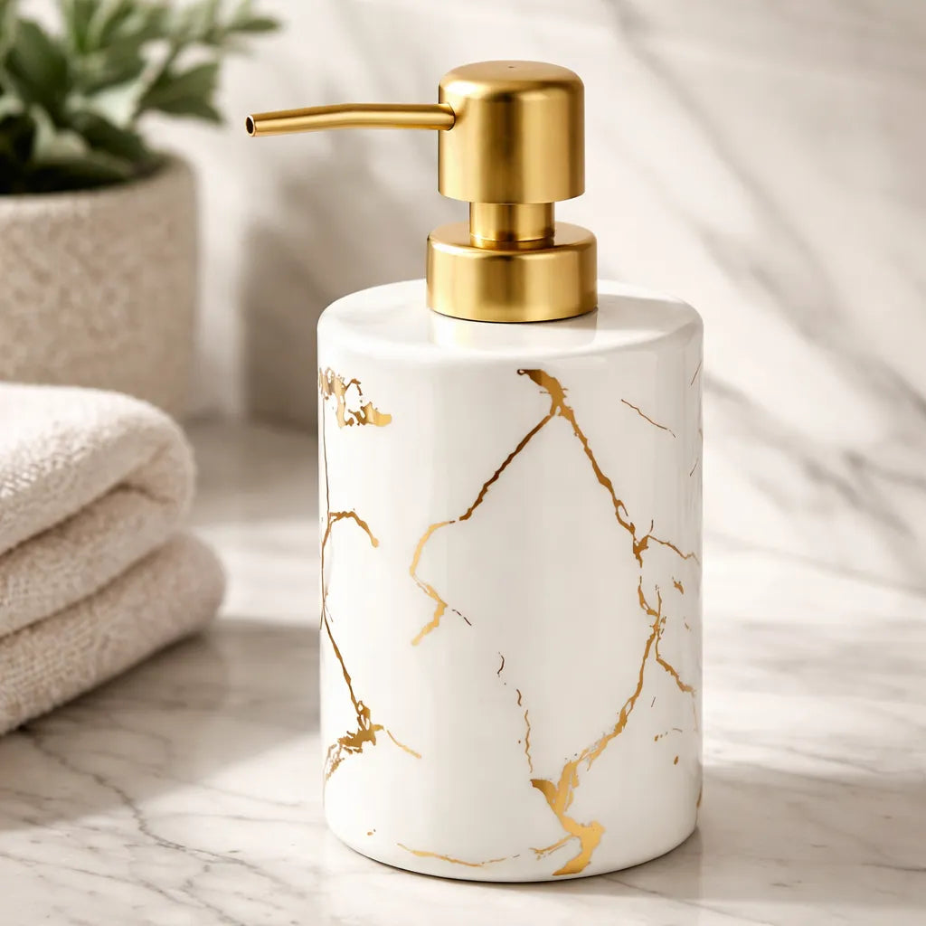 Dispenser de Sabonete Cerâmico Branco Marmorizado com Tampa Dourada