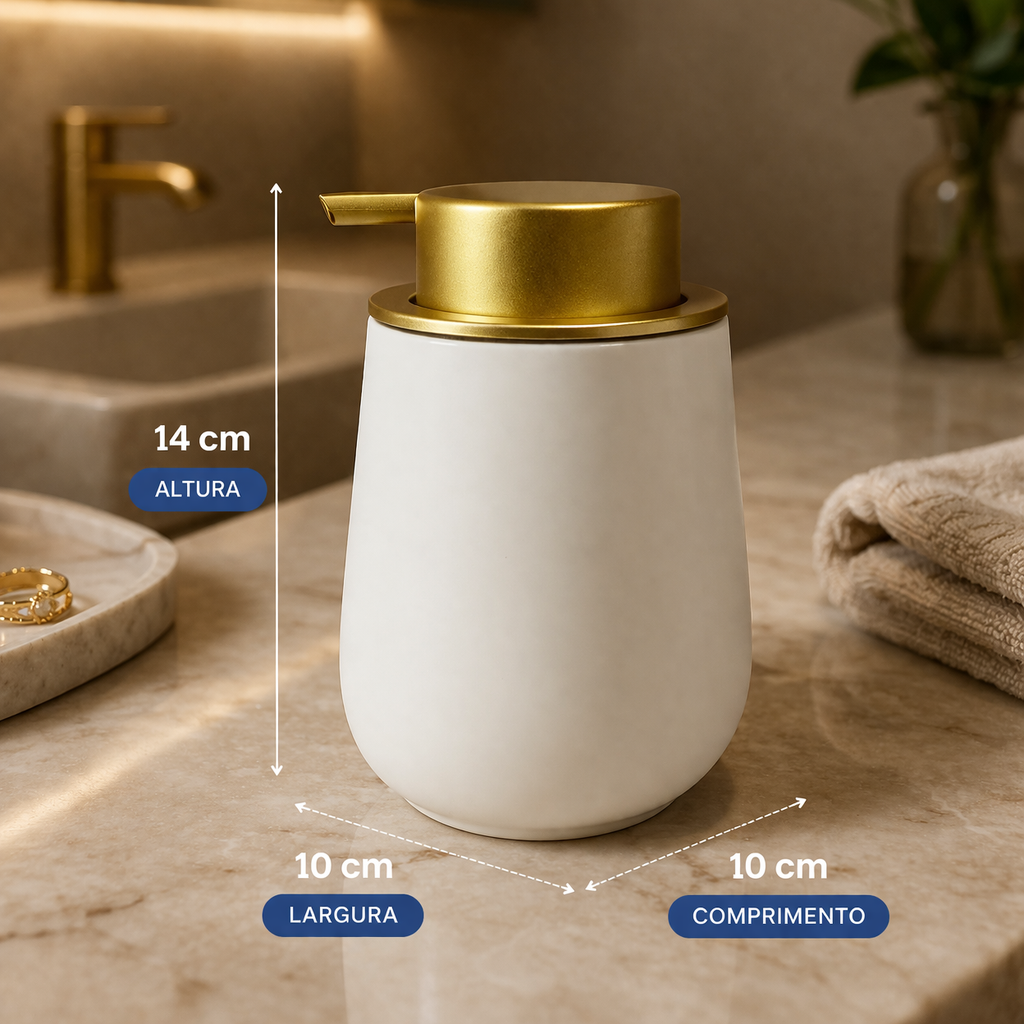Dispenser de Sabonete Cerâmico Branco com Tampa Dourada Minimalista