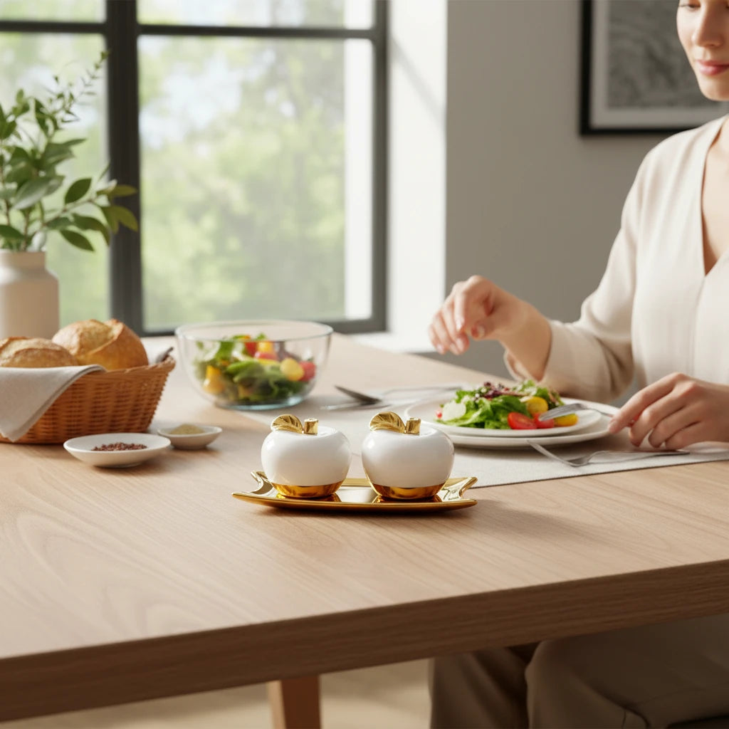 Conjunto Maçãs Decorativas Brancas com Bandeja Dourada