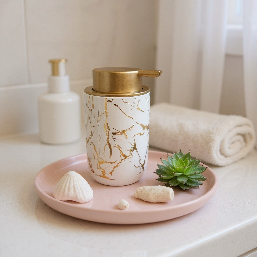 Dispenser de Sabonete Cerâmico Preto/Branco Marmorizado com Tampa Dourada