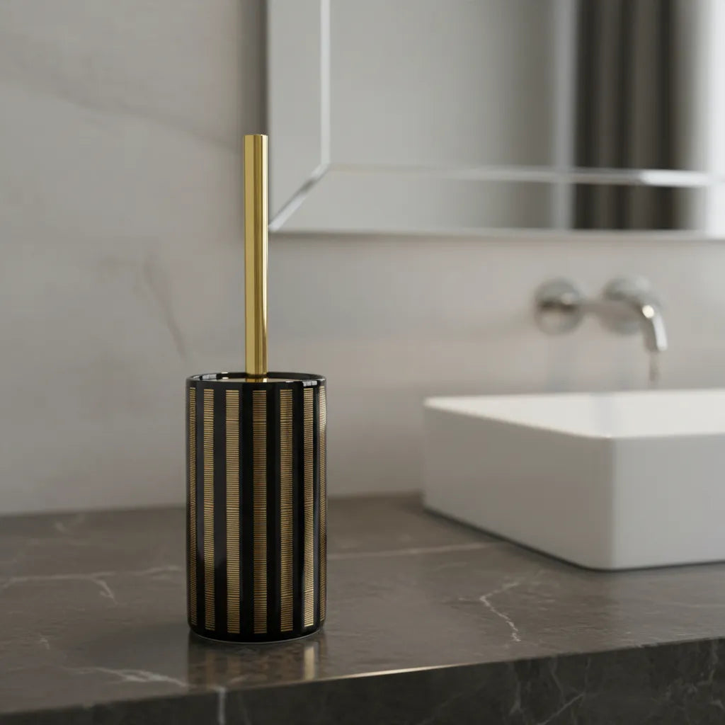 Suporte para Escova Sanitária Cerâmico Branco com Detalhes Dourados