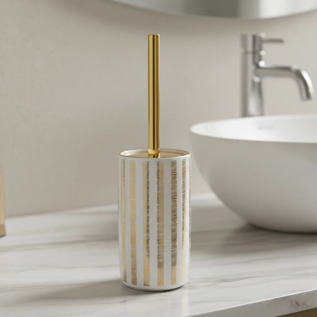 Suporte para Escova Sanitária Cerâmico Branco com Detalhes Dourados