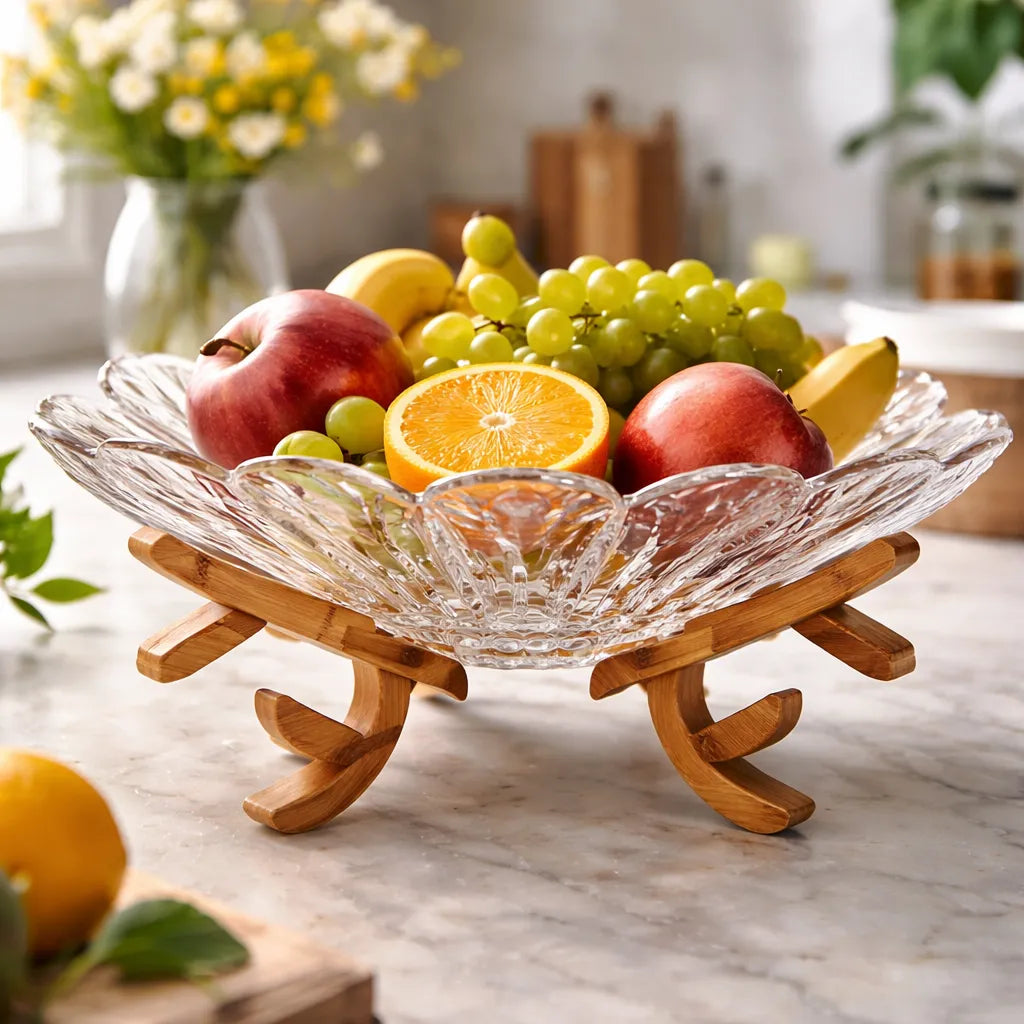 Fruteira de Vidro com Suporte em Bambu