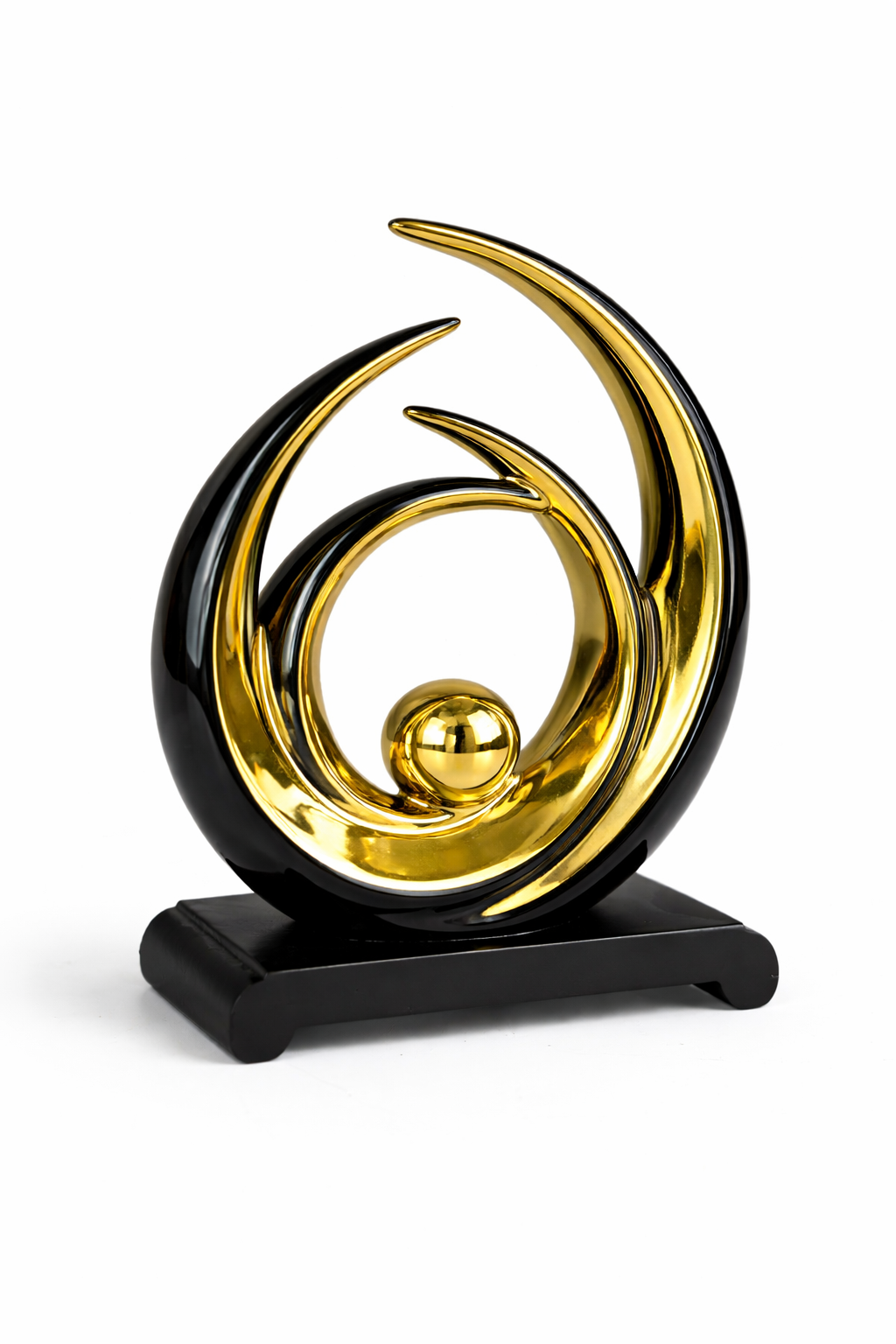 Escultura Abstrata Decorativa Dourada com Base Preta em Cerâmica