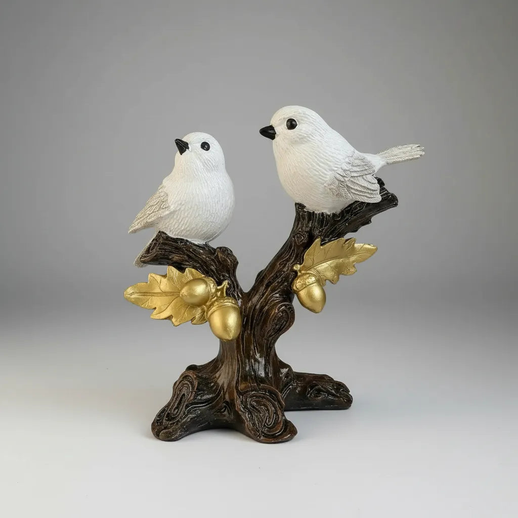 Escultura Decorativa Pássaros Brancos no Galho em Resina