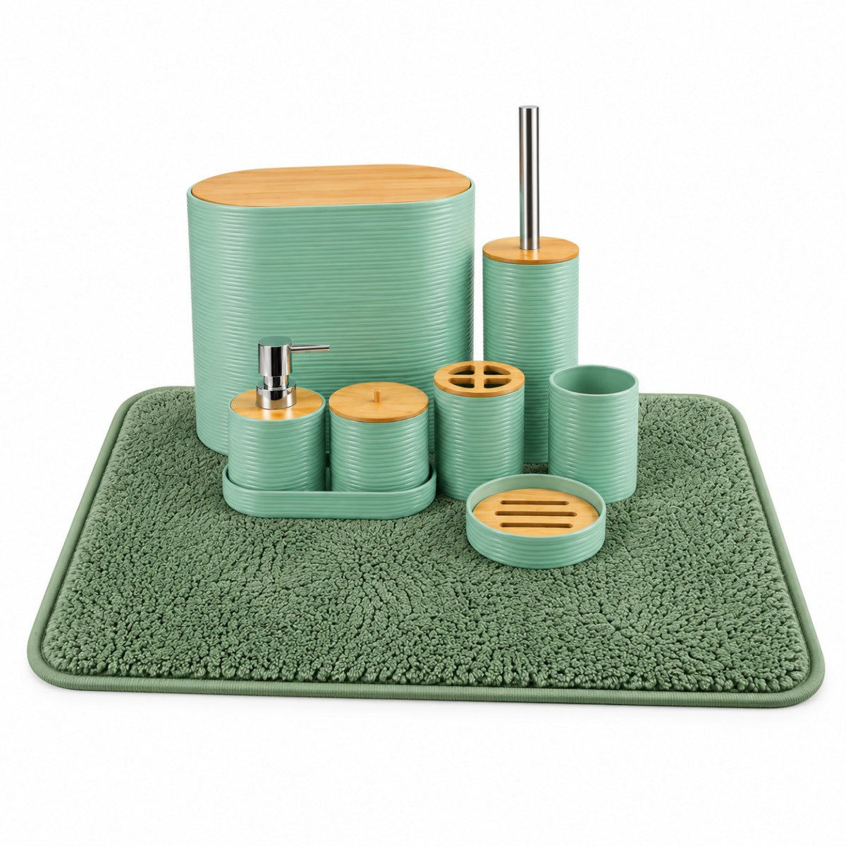 Kit Banheiro Completo com Tapete Antiderrapante 9 Peças Bambu Lixeira Dispenser Bandeja Lavabo