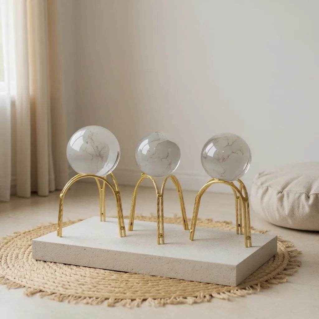 Escultura com Esfera de Vidro e Suporte em Ferro Dourado Alidolado - Alidolado