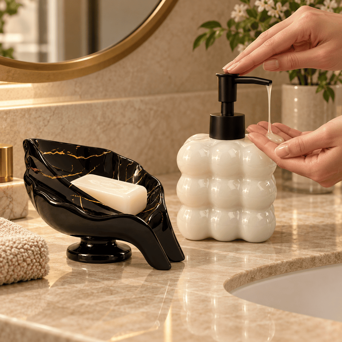 Kit Banheiro Dispenser Vidro Bolha 325ml + Saboneteira Cerâmica Preto ou Branco 2 Peças