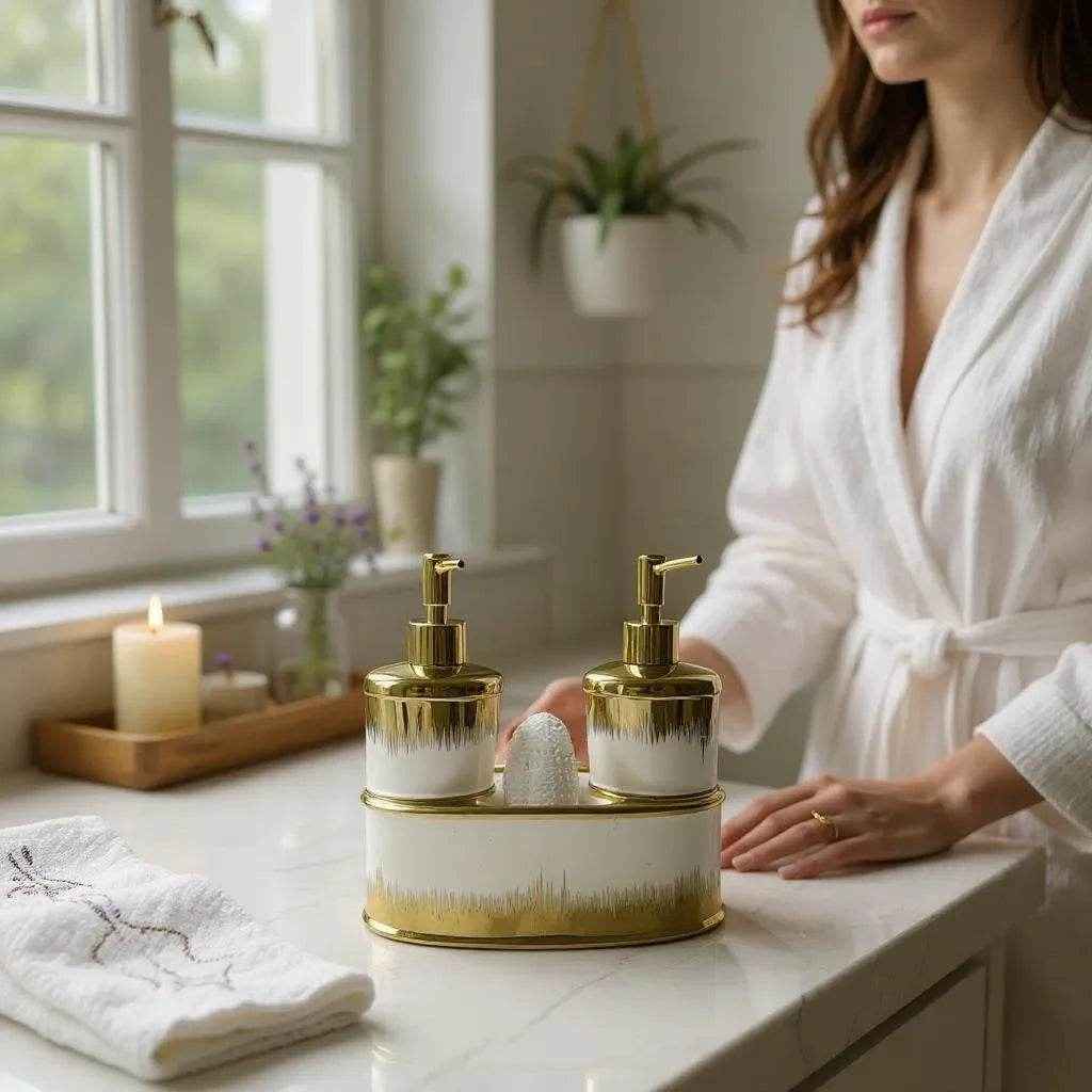 Jogo para Banheiro Cerâmica Preto com Dourado Alidolado - Alidolado