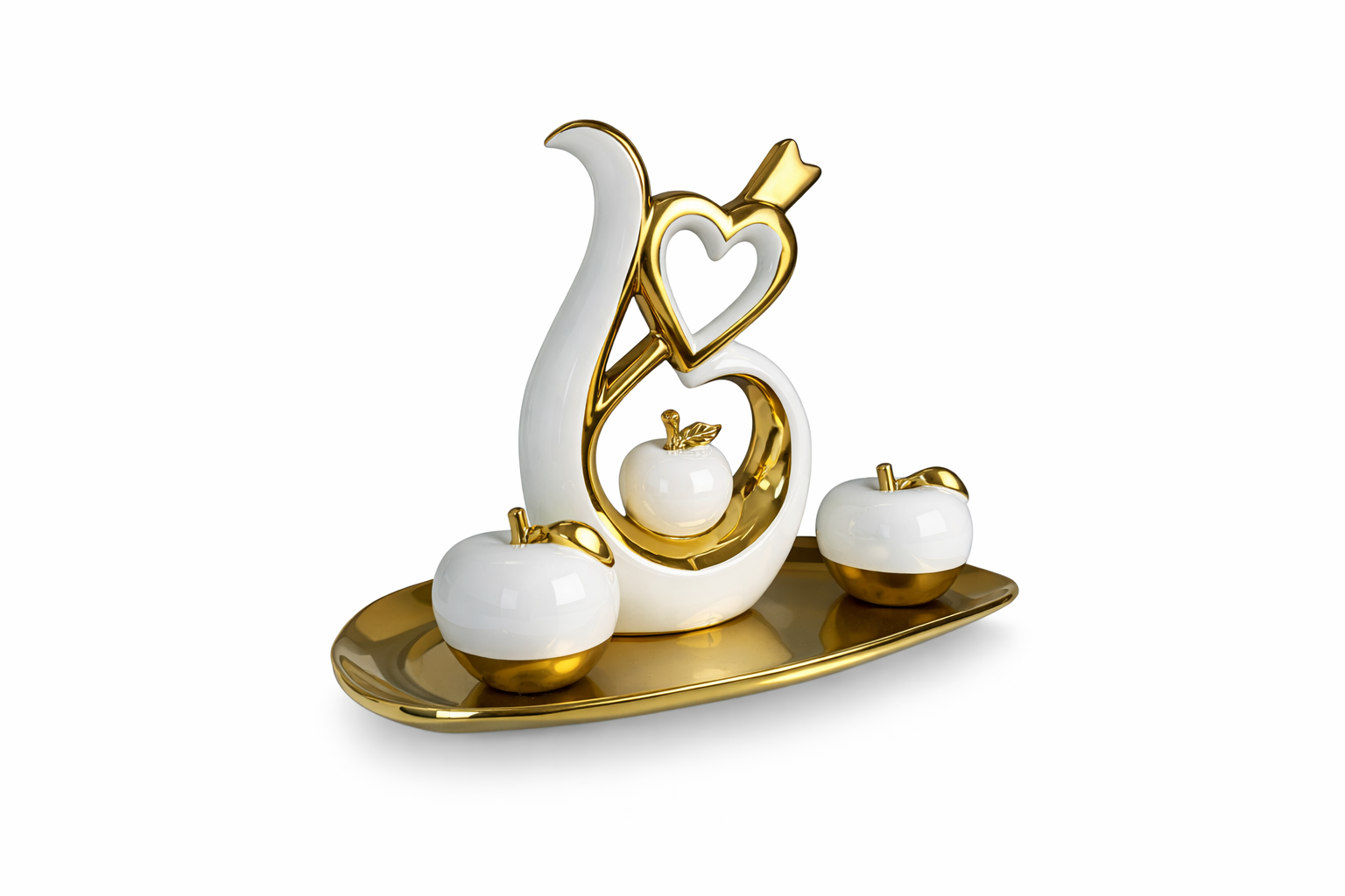 Conjunto de Esculturas Decorativas Corações e Maçãs em Cerâmica Branco com Dourado