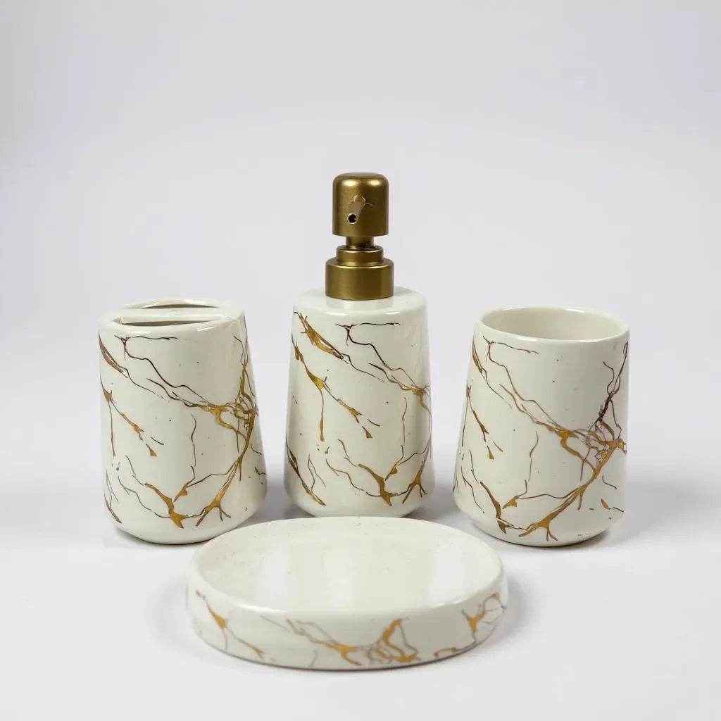 Conjunto de Banheiro Cerâmica Branco com Dourado Alidolado - Alidolado