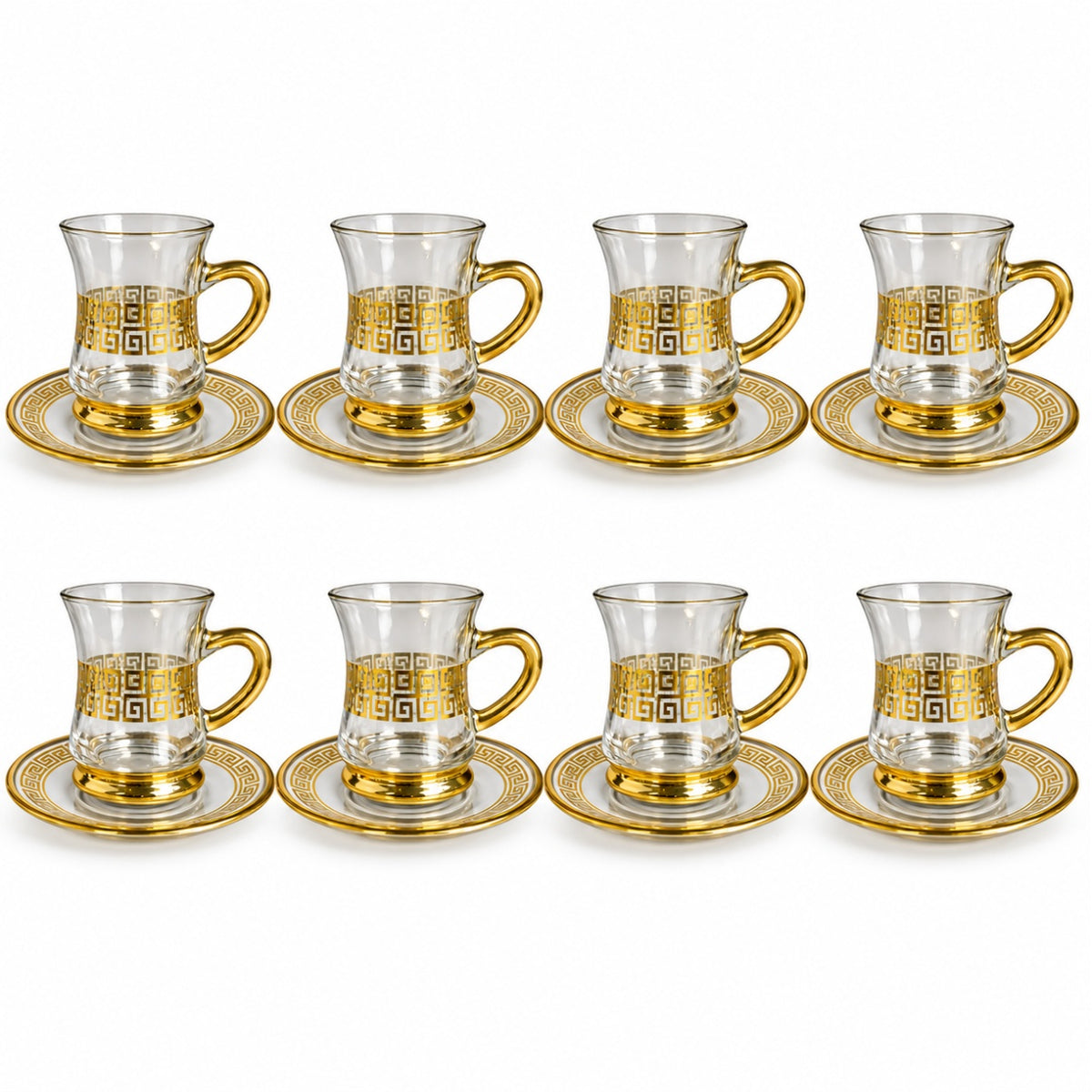 Conjunto de Xícaras Turcas de Vidro com Pires 90ml Borda Dourada Chá e Café Kit 2 a 12 Unidades Modelo Grego
