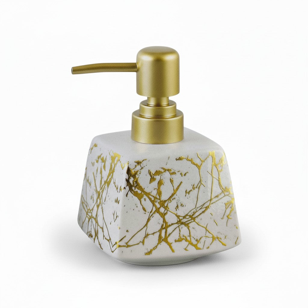 Dispenser de Sabonete Luxo Cerâmico Branco Marmorizado com Tampa Dourada
