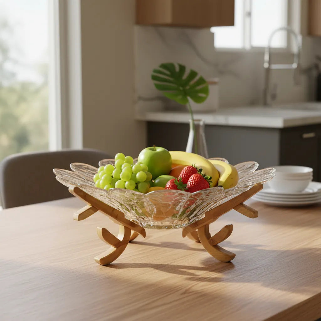 Fruteira de Vidro com Suporte em Bambu