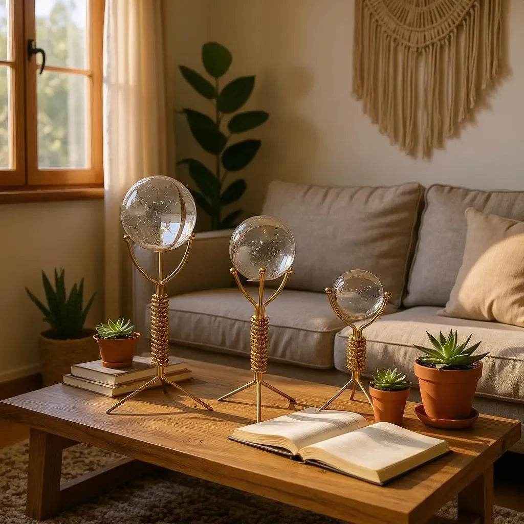 Escultura com Esfera de Vidro e Suporte em Ferro Dourado Alidolado - Alidolado