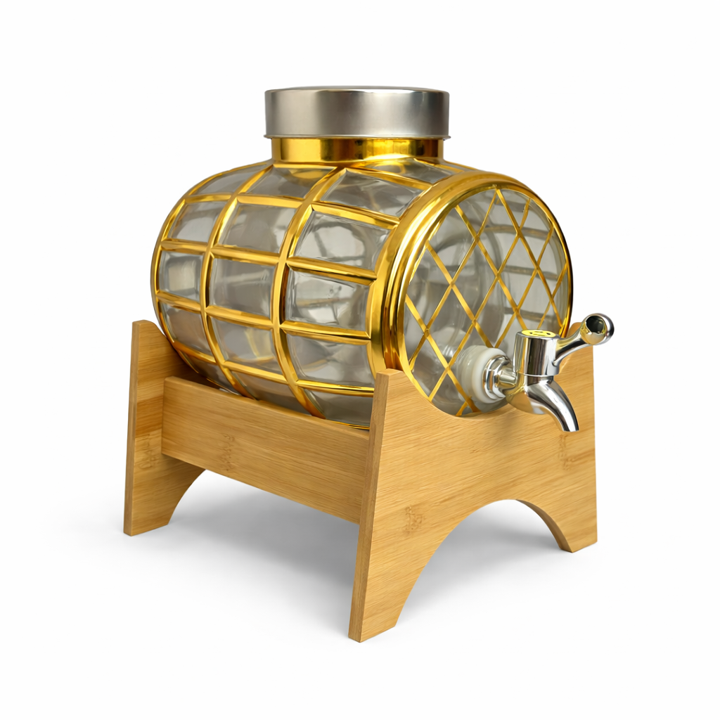 Conjunto Barril Suqueira Filtro 3L Vidro Dourado e 4 Copos 150ml Turco