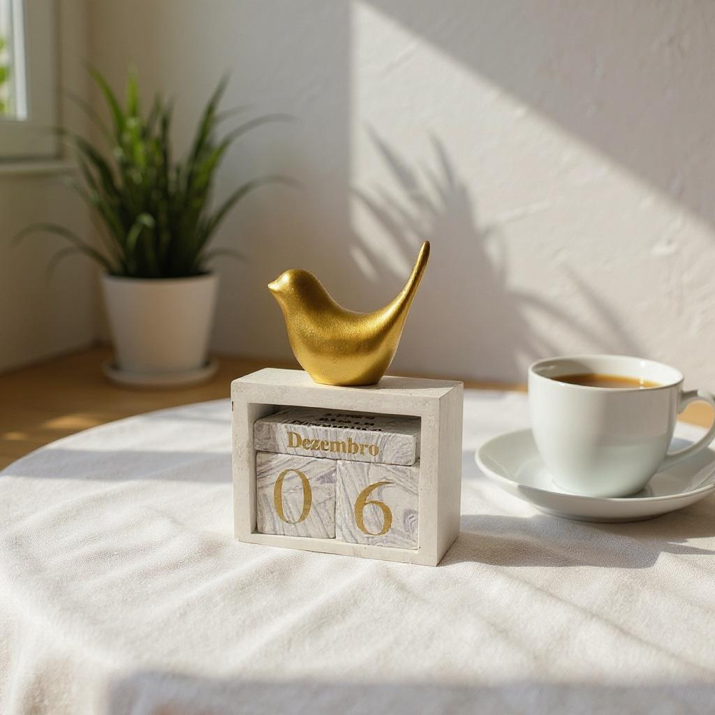 Escultura de Pássaro Dourado com Calendário Alidolado