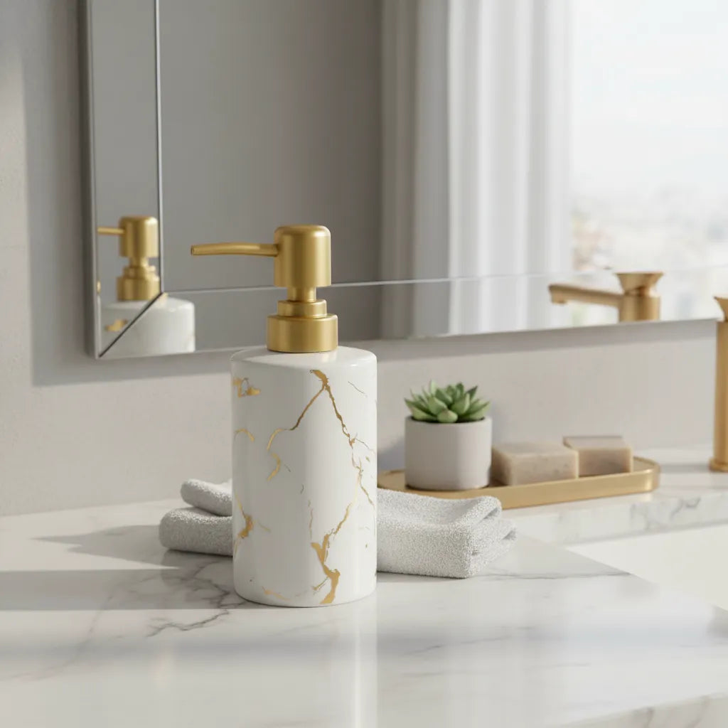 Dispenser de Sabonete Cerâmico Branco Marmorizado com Tampa Dourada