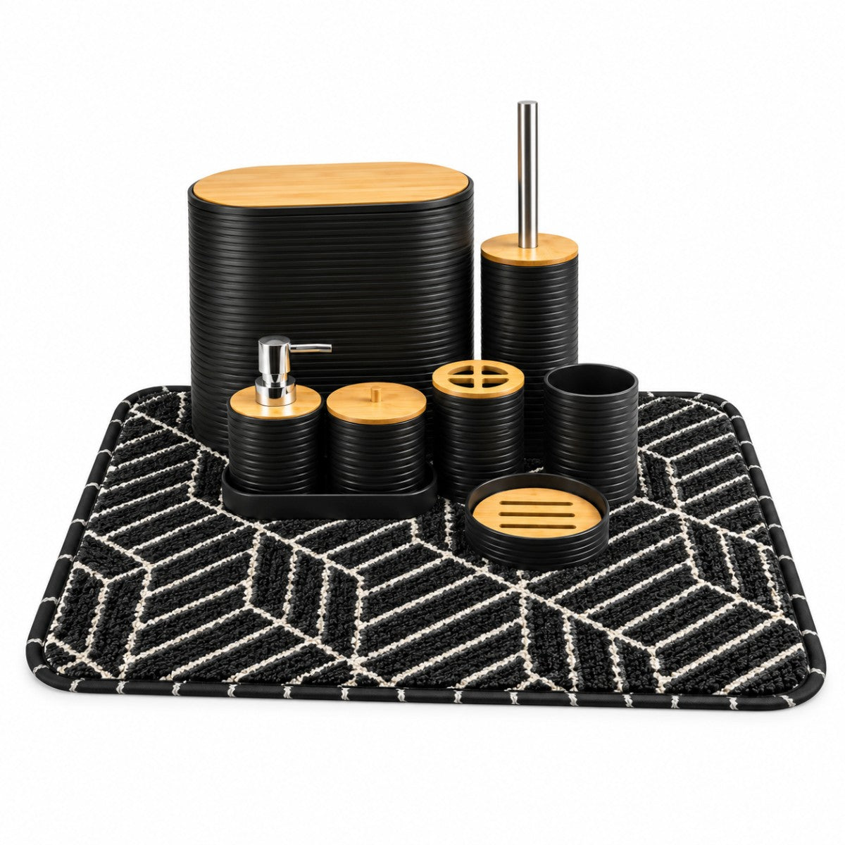 Kit Banheiro Completo com Tapete Antiderrapante 9 Peças Bambu Lixeira Dispenser Bandeja Lavabo