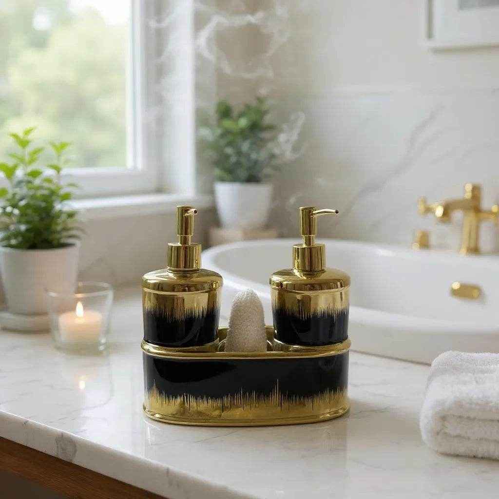 Jogo para Banheiro Cerâmica Preto com Dourado Alidolado - Alidolado