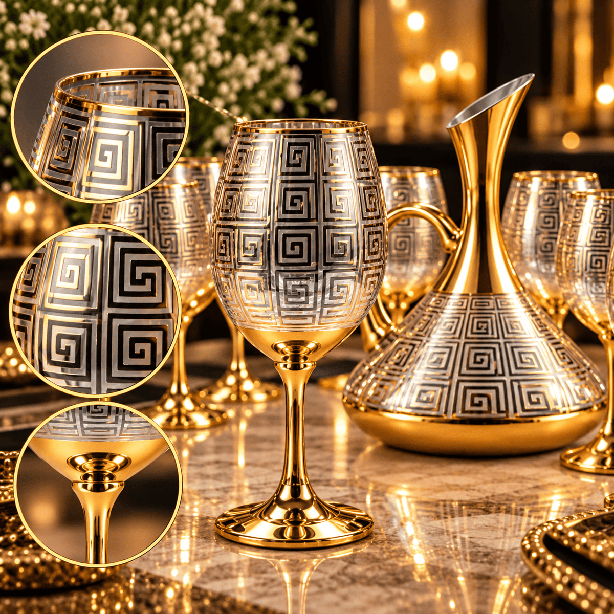 Conjunto Jarra Decanter de Vidro 1,5L Dourado com 6 Taças Decoradas Luxo Diversos Modelos
