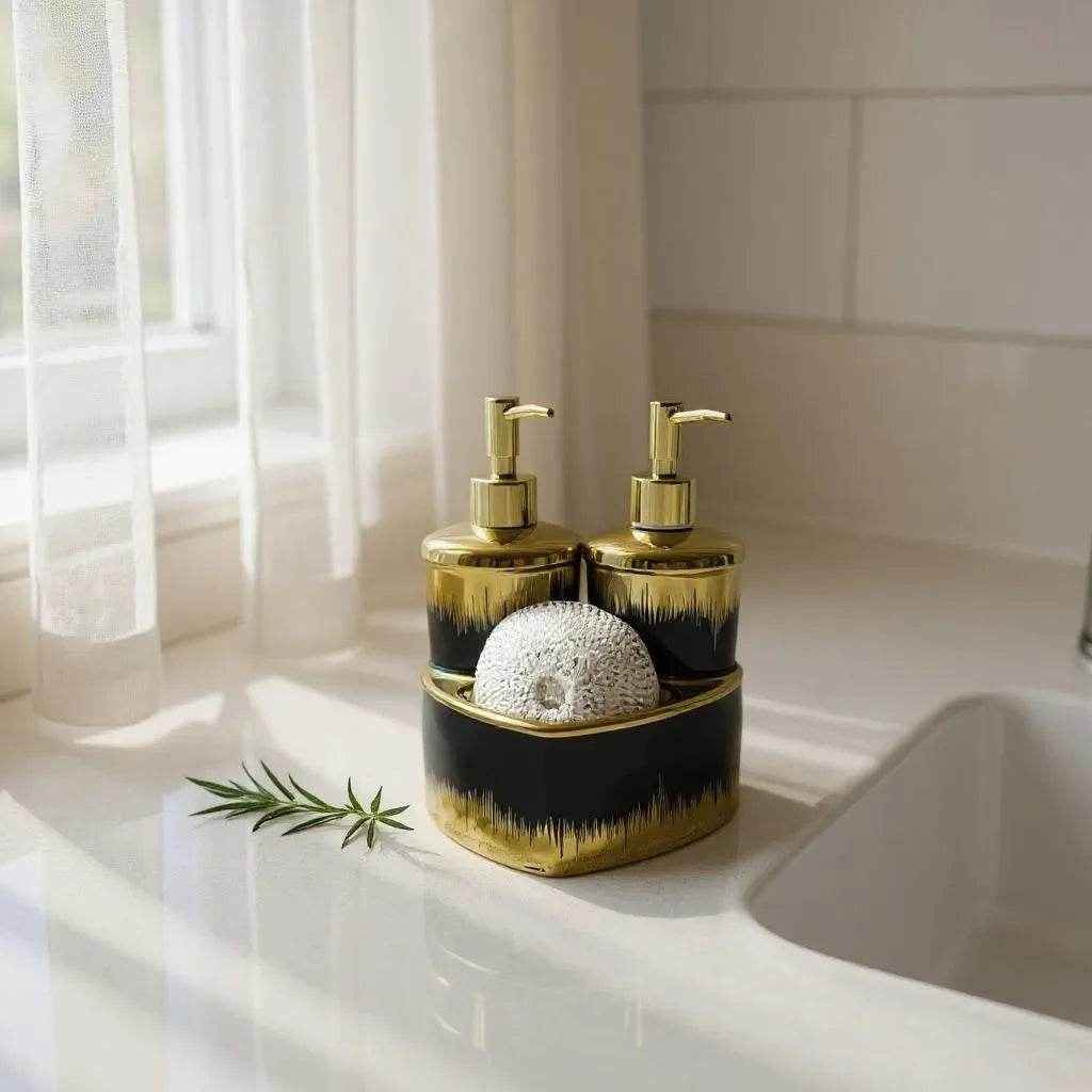 Jogo para Banheiro Cerâmica Branco com Dourado Alidolado - Alidolado