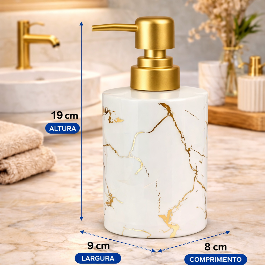 Dispenser de Sabonete Cerâmico Branco Marmorizado com Tampa Dourada