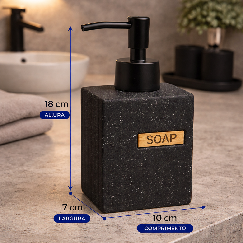 Dispenser de Sabonete Cerâmico Cinza com Tampa Preta e Detalhe em Bambu
