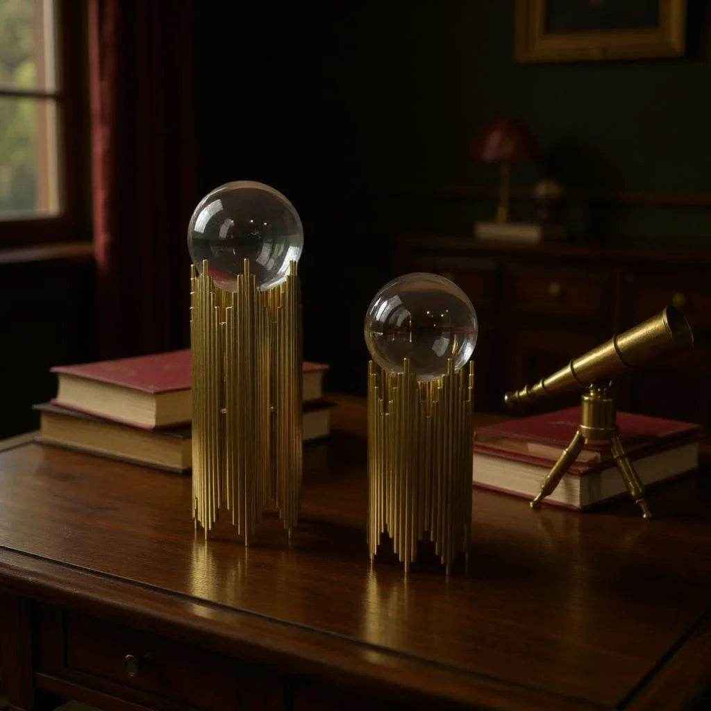 Escultura com Esfera de Vidro e Suporte em Ferro Dourado Alidolado - Alidolado