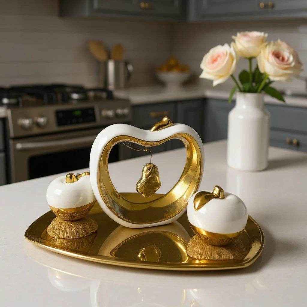 Conjunto Decorativo com Maçãs e Coração Dourado Branco Alidolado - Alidolado