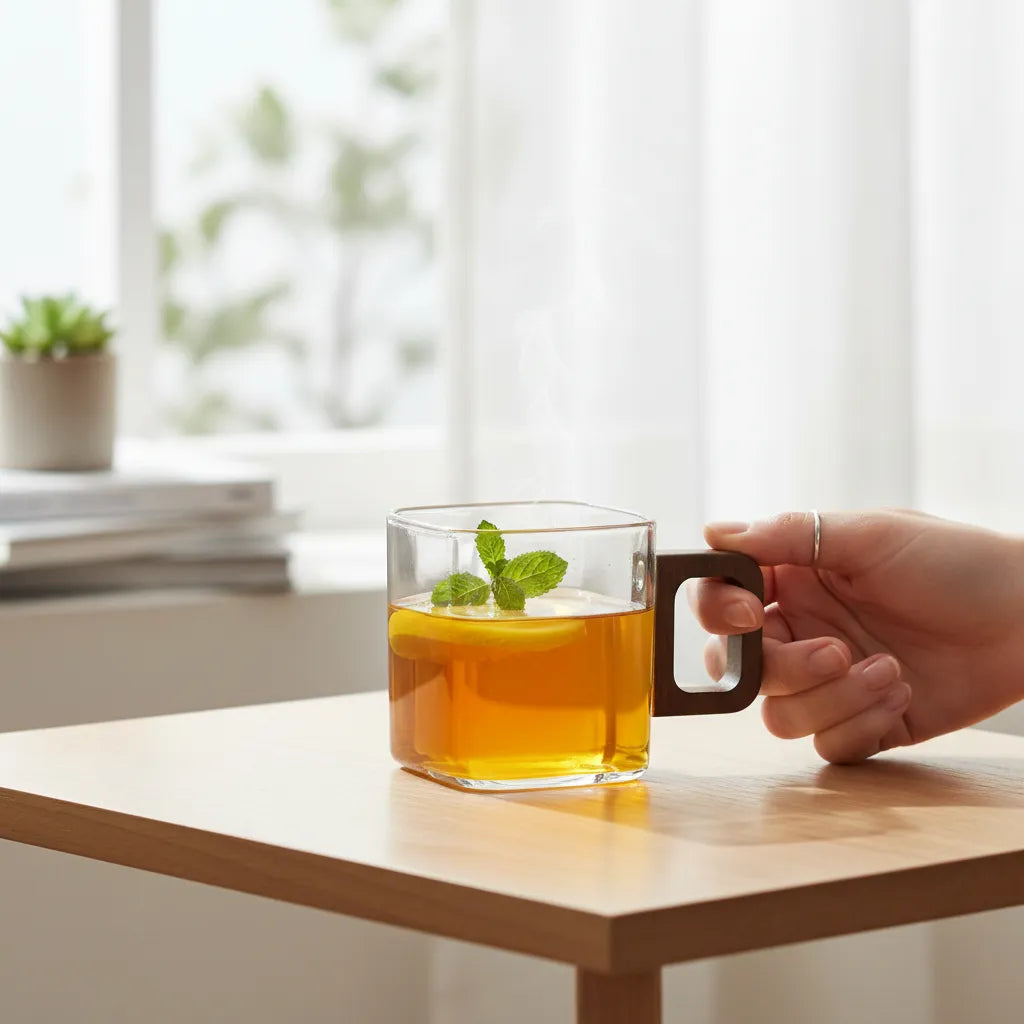 Xícara Quadrada de Vidro com Alça de Madeira – 120ml - 1x Unidade