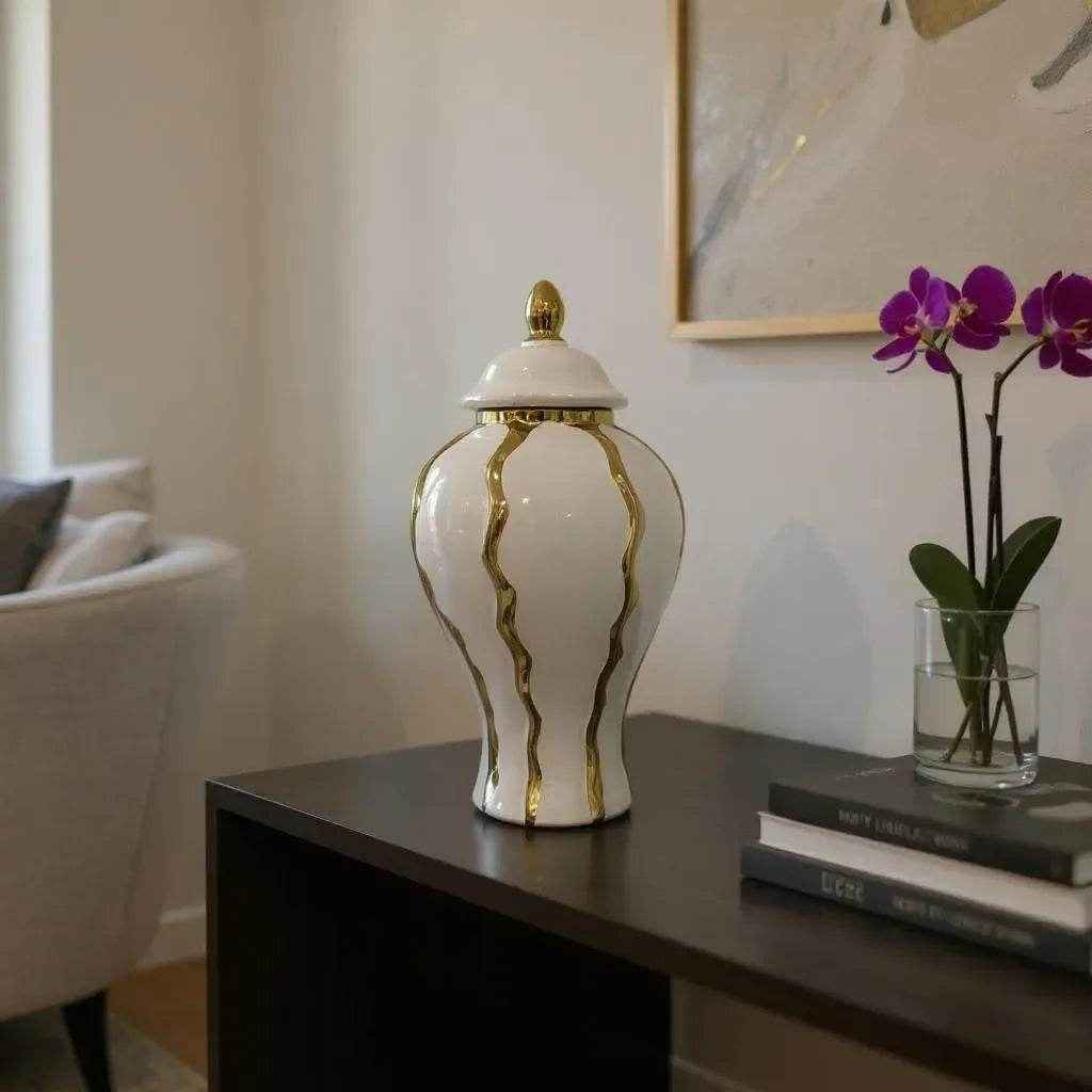 Pote Decorativo com Tampa e Detalhes Dourados Alidolado - Alidolado