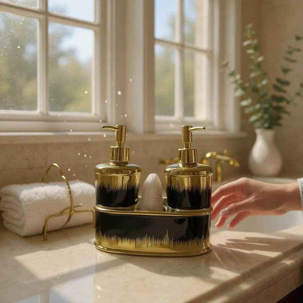 Jogo para Banheiro Cerâmica Preto com Dourado Alidolado - Alidolado