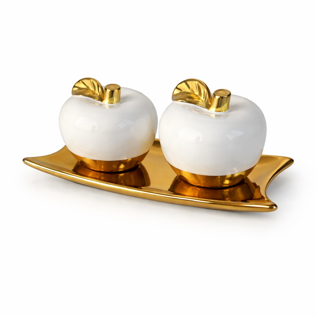 Conjunto Maçãs Decorativas Brancas com Bandeja Dourada