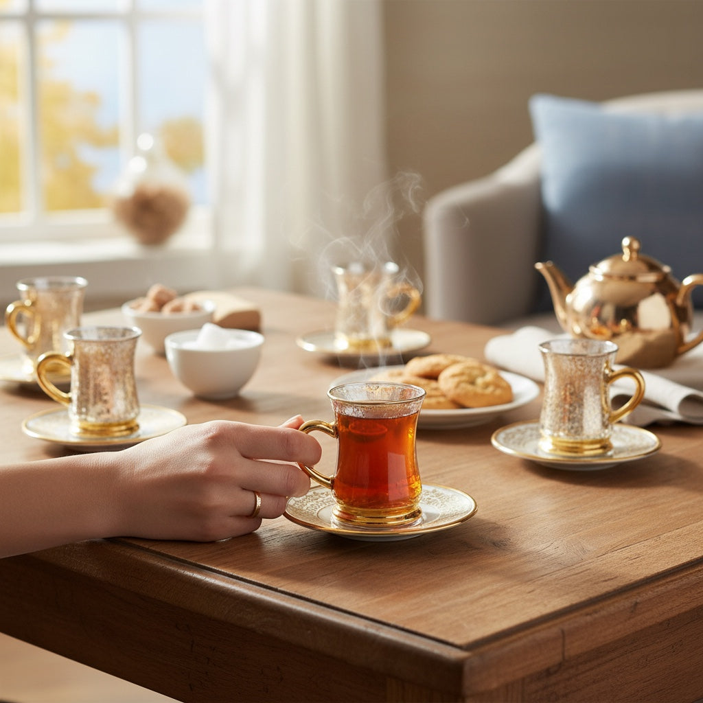 Xícara de Café de Vidro com Pires e Borda Dourada