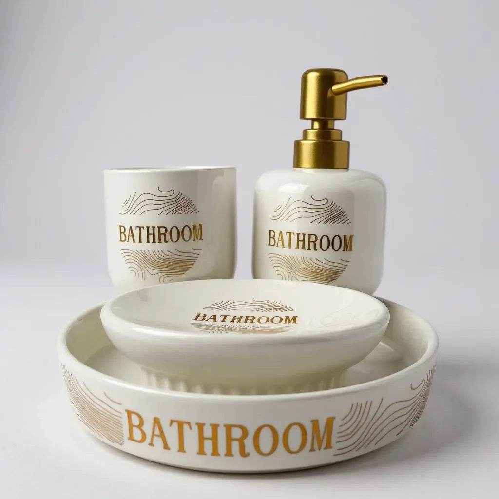 Jogo para Banheiro Cerâmica Branco com Dourado Alidolado - Alidolado
