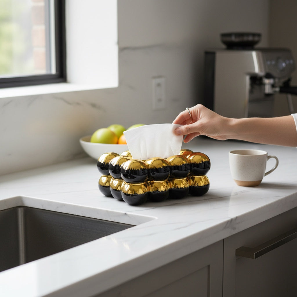 Porta-Guardanapo Oval em Cerâmica Preto com Detalhes Dourados