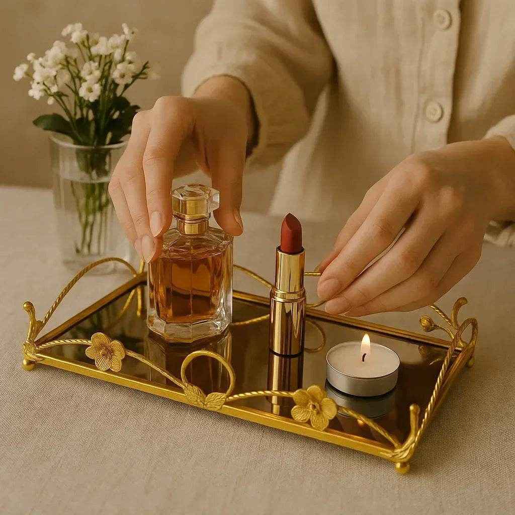 Bandeja de Vidro com Acabamento Dourado Alidolado