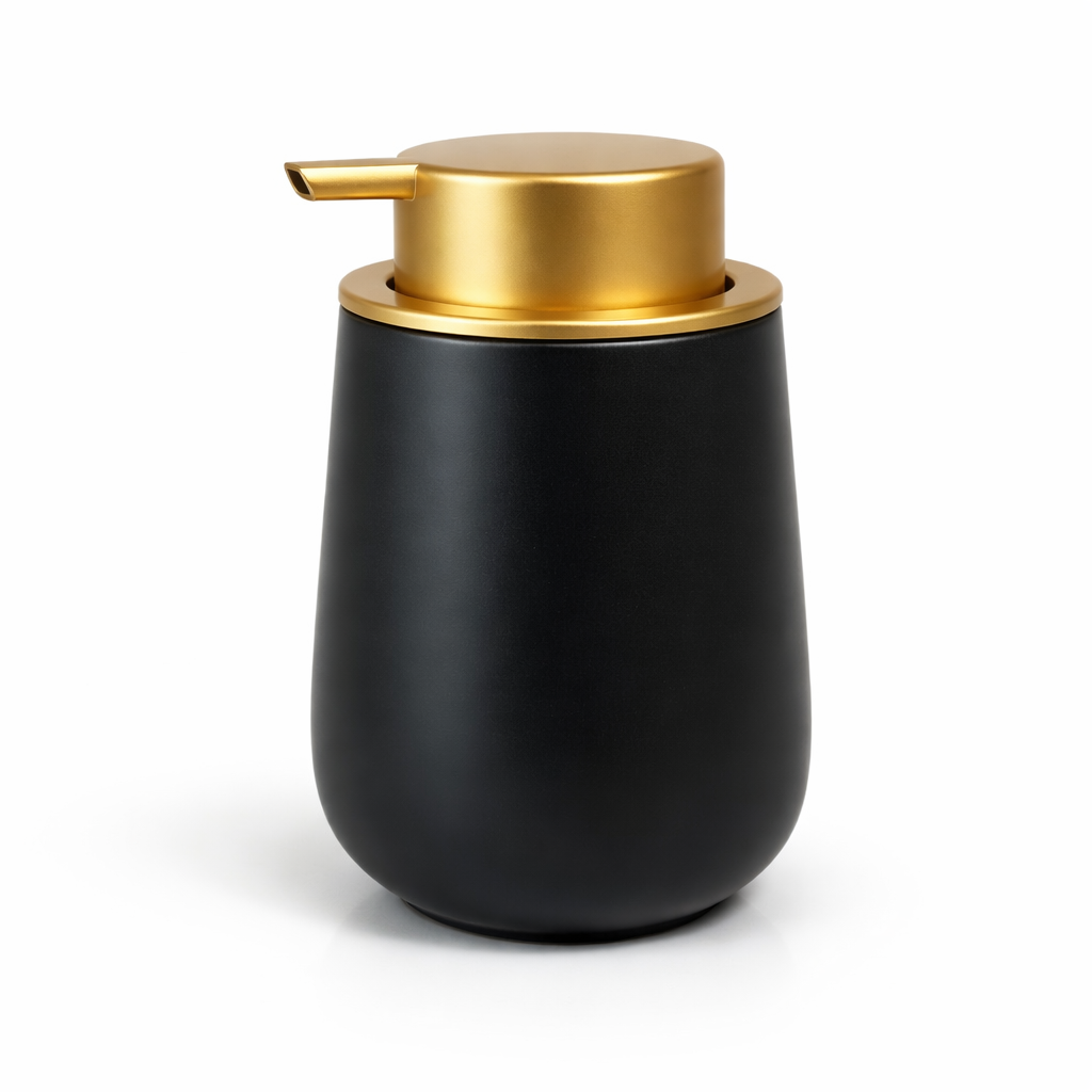Dispenser de Sabonete Cerâmico Branco com Tampa Dourada Minimalista