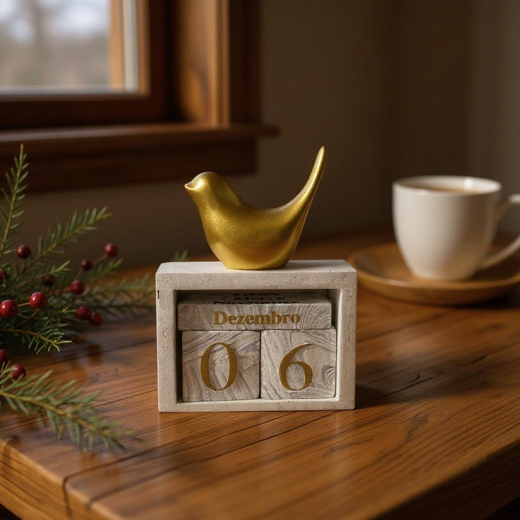 Escultura de Pássaro Dourado com Calendário Alidolado
